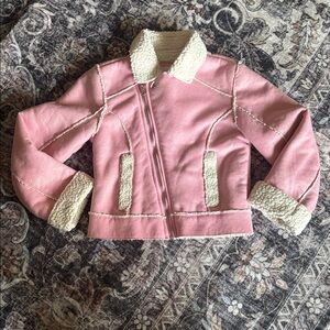 JUSTICE Girls Shimmery Pink Sherpa Moto Jacket, Size 6-7 with Sherpa Lining.